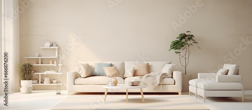 Scandinavian interior design with white living room and sofa portrayed in a illustration