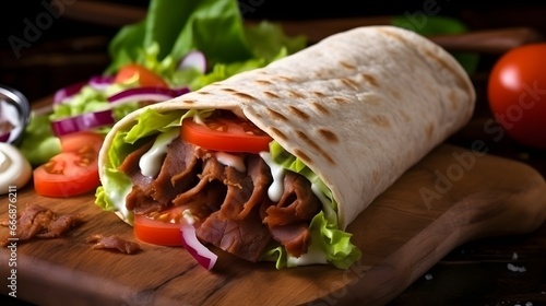A delicious doner donair kebab wrap with spicy meat, lettuce, tomato, red onion and sauce. photo