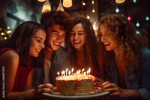 a group of friends at a birthday party blowing out the candles on the cake photo