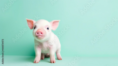 Photo of a playful piglet in a natural pose on a clean, pale green background, copy space. © Kosal