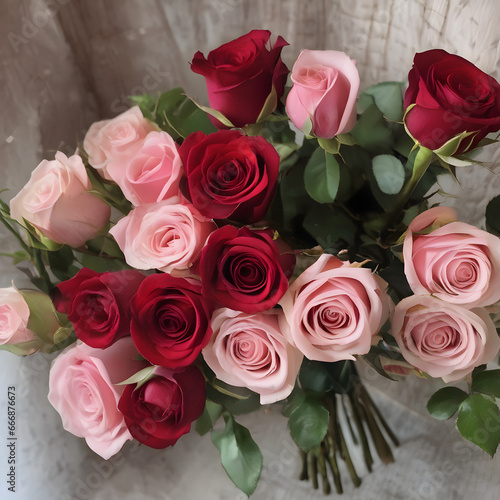 A bouquet of red and pink roses for a classic and romantic look. 