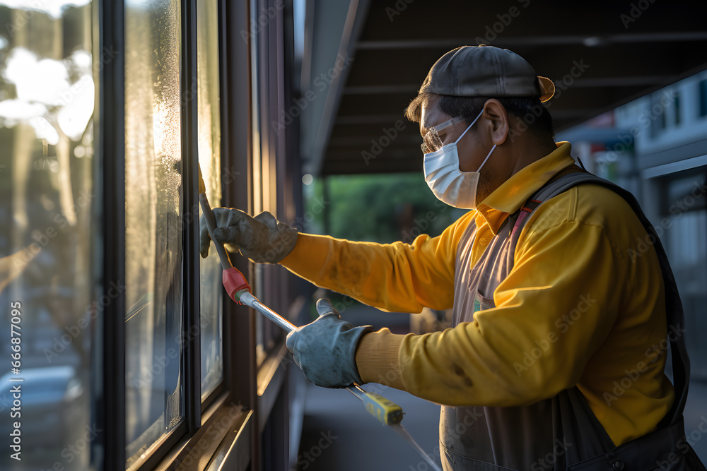 man wearing a mask and goggles and cleaning the windows with a squeegee