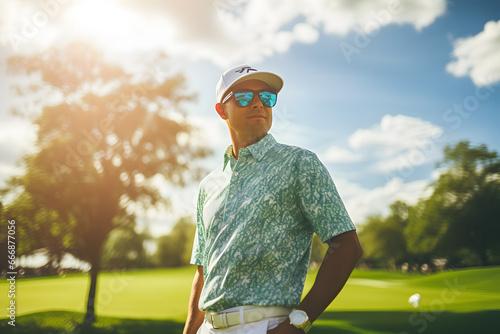 A man wearing a hat and sunglasses and playing golf photo