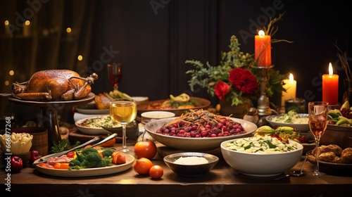 A festive holiday table set with an array of delicious dishes