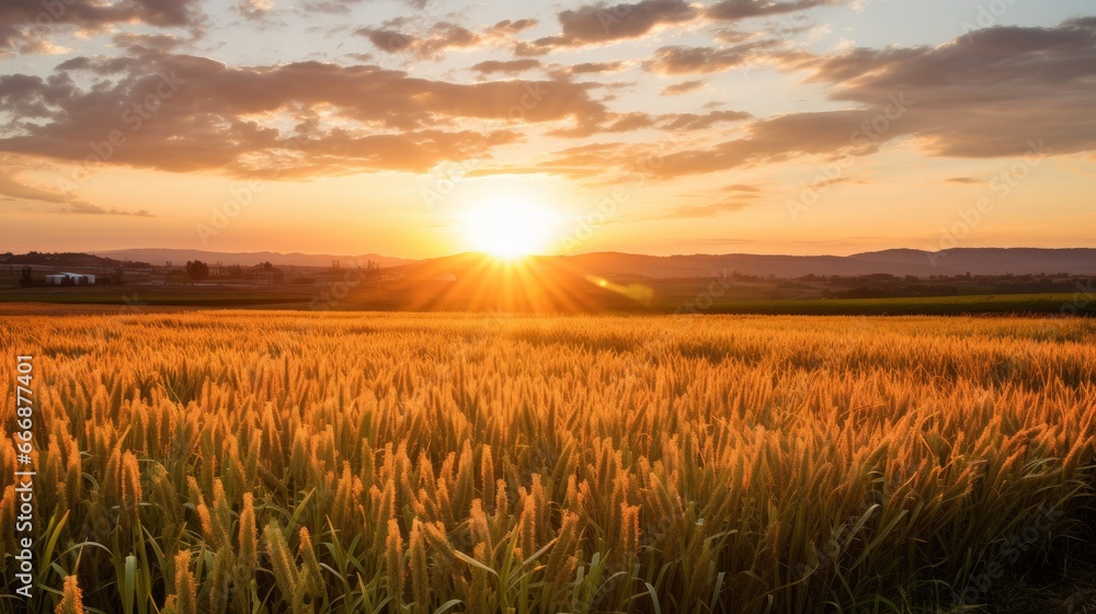 A stunning sunrise over a field of wheats, symbolizing the new beginnings and blessings - obrazy, fototapety, plakaty 