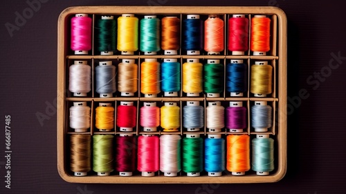 A well-organized sewing kit with threads, needles, and buttons neatly arranged