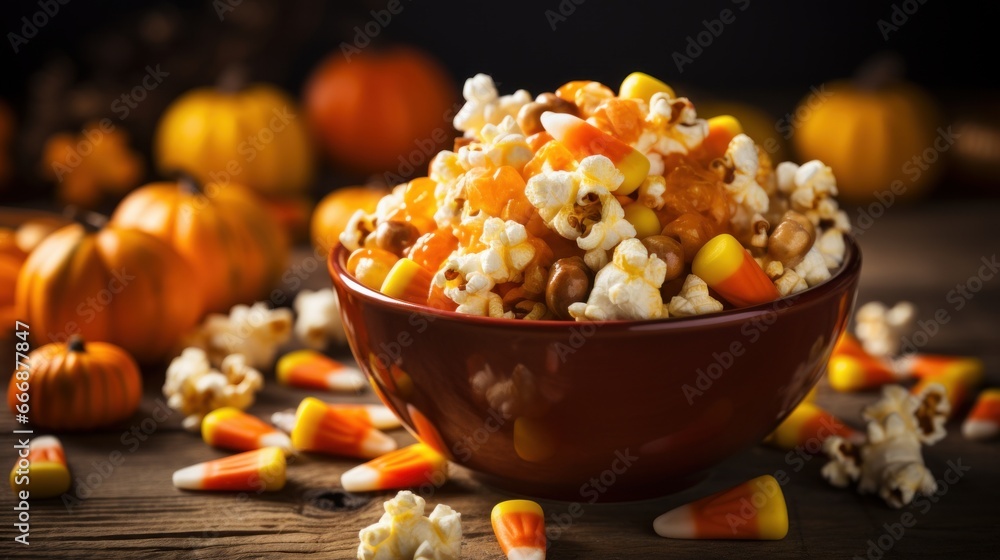 Close-up of a bowl of popcorn with candy corn mixed in, representing a festive Halloween snack Close-up of a bowl of popcorn with candy corn mixed in, representing a festive Halloween snack