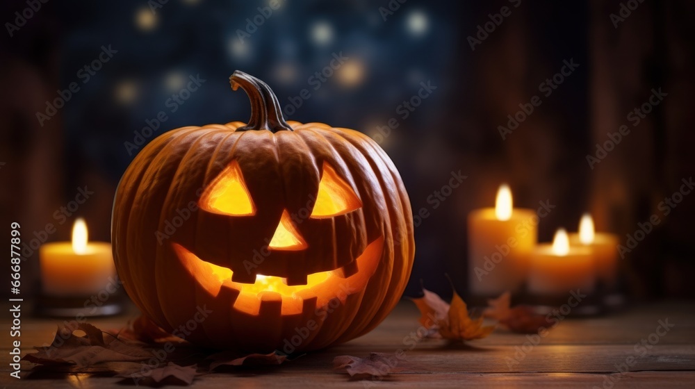 Close-up of a carved pumpkin with a glowing candle inside, creating a classic Halloween Jack-o'-lantern Close-up of a carved pumpkin with a glowing candle inside, creating a classic Halloween Jack-o'-lantern