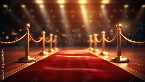 Realistic red carpet and pedestal with illumination and barrier fences with velvet rope © Nob
