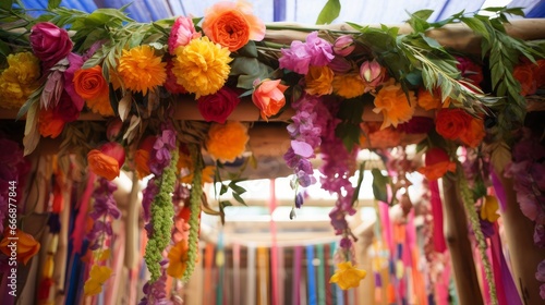 Close-up of a beautifully decorated sukkah adorned with colorful flowers and hanging decorations