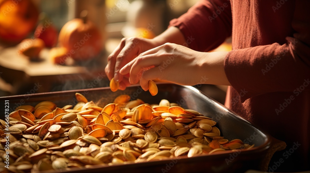 Close-up of a person's hands scooping out pumpkin seeds for roasting, showcasing the preparation of a seasonal snack