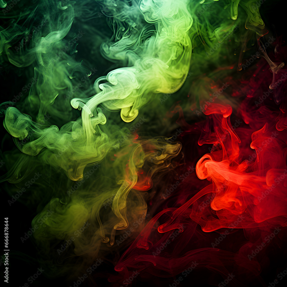red and green smoke, fog or mist on dark background. Special effect composition.