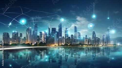 Conceptual image of a smart city skyline with interconnected buildings and sustainable energy solutions