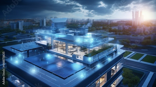 Conceptual image of a smart rooftop solar panel installation with intelligent energy management and monitoring systems
