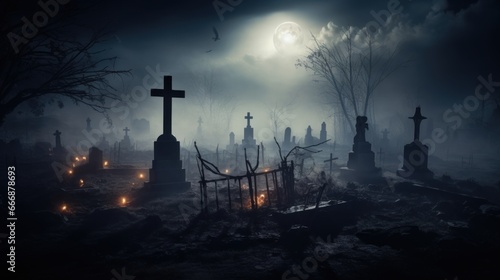 Creepy graveyard with fog and tombstones, setting the perfect eerie ambiance for Halloween
