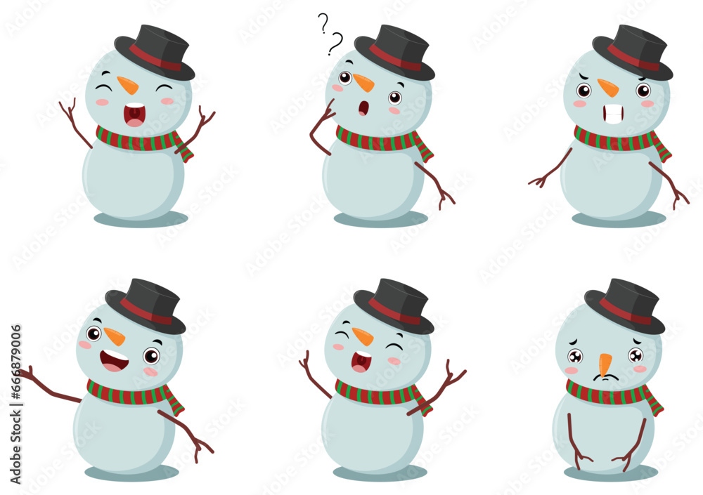 Set of cute christmas snowman cartoon with different expression Set of cute christmas snowman cartoon with different expression