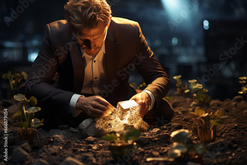 Generative AI Image of Businessman Finding a Treasure in the Soil