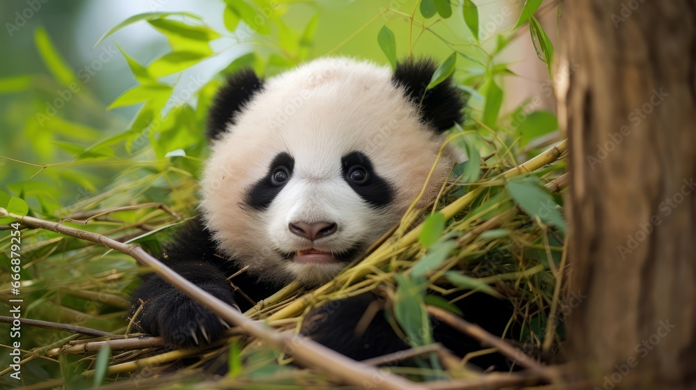 Naklejka premium Curious panda bear perched in a tree, gazing directly at the camera