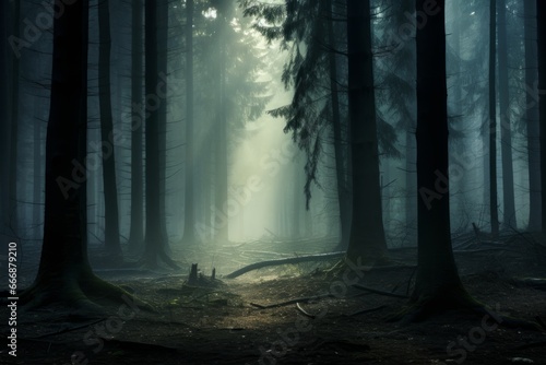 Foggy forest with glowing eyes peering from the shadows