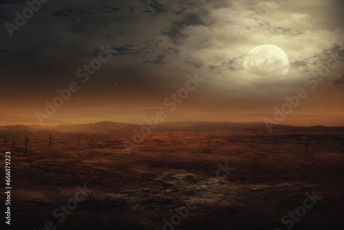 Full moon shining over a textured landscape, leaving space for your Halloween text