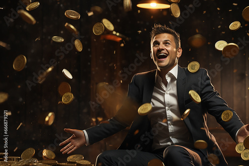 Generative AI Image of Successful Businessman with Rain of Gold Coins