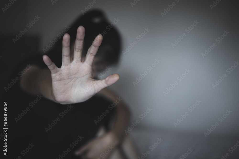 Concept of stop sexual harassment and violence against women, rape and sexual abuse concept, STOP gesture with hand, Stop drugs, human rights violations, human trafficking. - obrazy, fototapety, plakaty 
