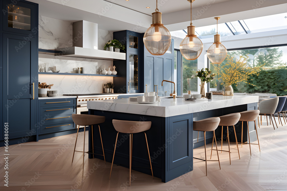 Navy blue elegance in a modern kitchen with white marble countertops ...