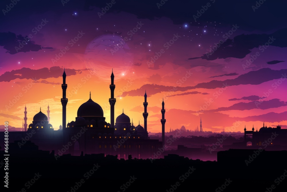 Silhouette of a mosque against a colorful sky for Mawlid festivities