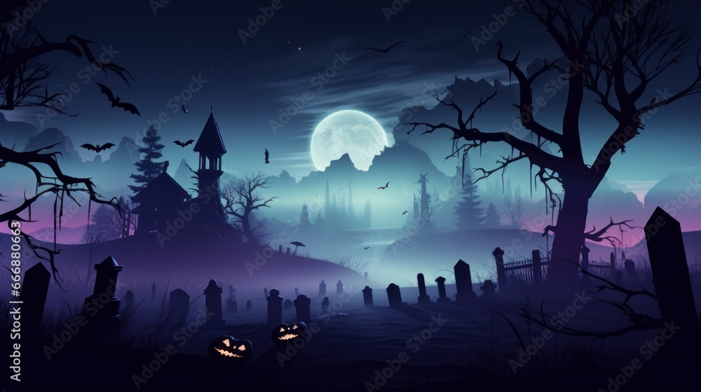 Spooky silhouette of a haunted graveyard with a moonlit sky, fog, and ghostly apparitions, evoking the haunting beauty of Halloween night