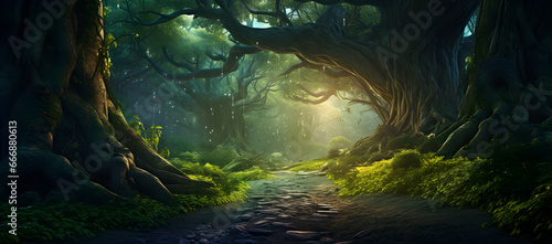 the ancient forest , A beautiful fairytale enchanted forest with big trees and great vegetation. mystical woodland, winding pathway through a forest 