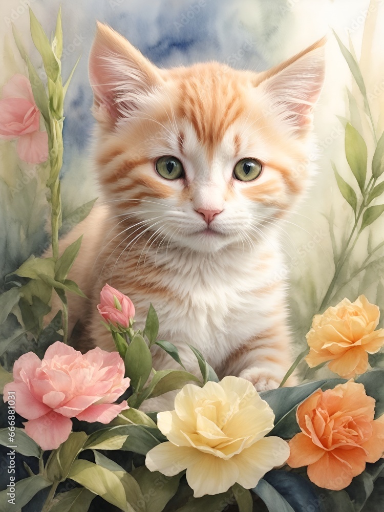 Obraz premium kitten and flowers, AI generated.