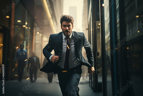 Photo Generative AI Image of Businessman Running Fast Toward the Office