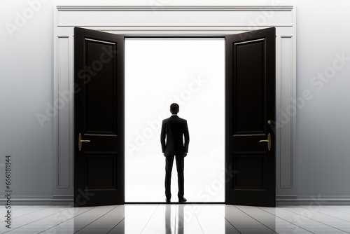 Generative AI Image of Businessman Standing Entering Open Door with Isolated Background © heartiny