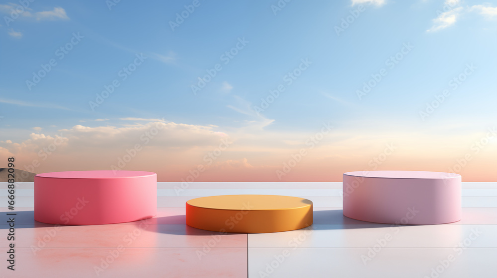 3D render Product Display in Pink and White podium with a Beautiful Sky Background 3D render Product Display in Pink and White podium with a Beautiful Sky Background