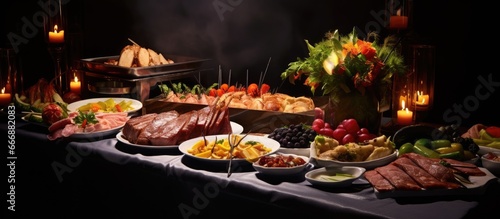 Beautifully decorated dishes on a black buffet table providing breakfast hotel catering with high quality banquet decoration in a stunning photo