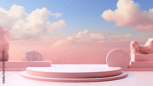 3D render Product Display in Pink and White podium with a Beautiful Sky Background