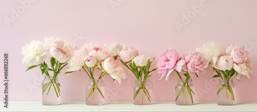 Glass jars with white and pink flowers and a note wishing you a pleasant day