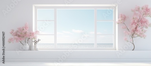 Scandinavian illustration of a white room with a window showcasing a summer landscape