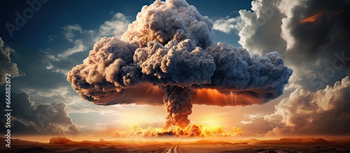A recognizable cloud shaped like a mushroom appears after a powerful explosion