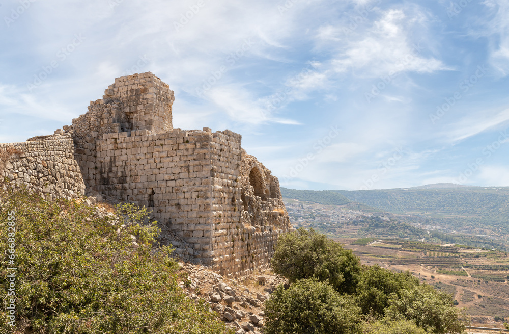 The remains  of the corner tower of medieval fortress Nimrod - Qalaat al-Subeiba, located near the border with Syria and Lebanon on the Golan Heights, in northern Israel