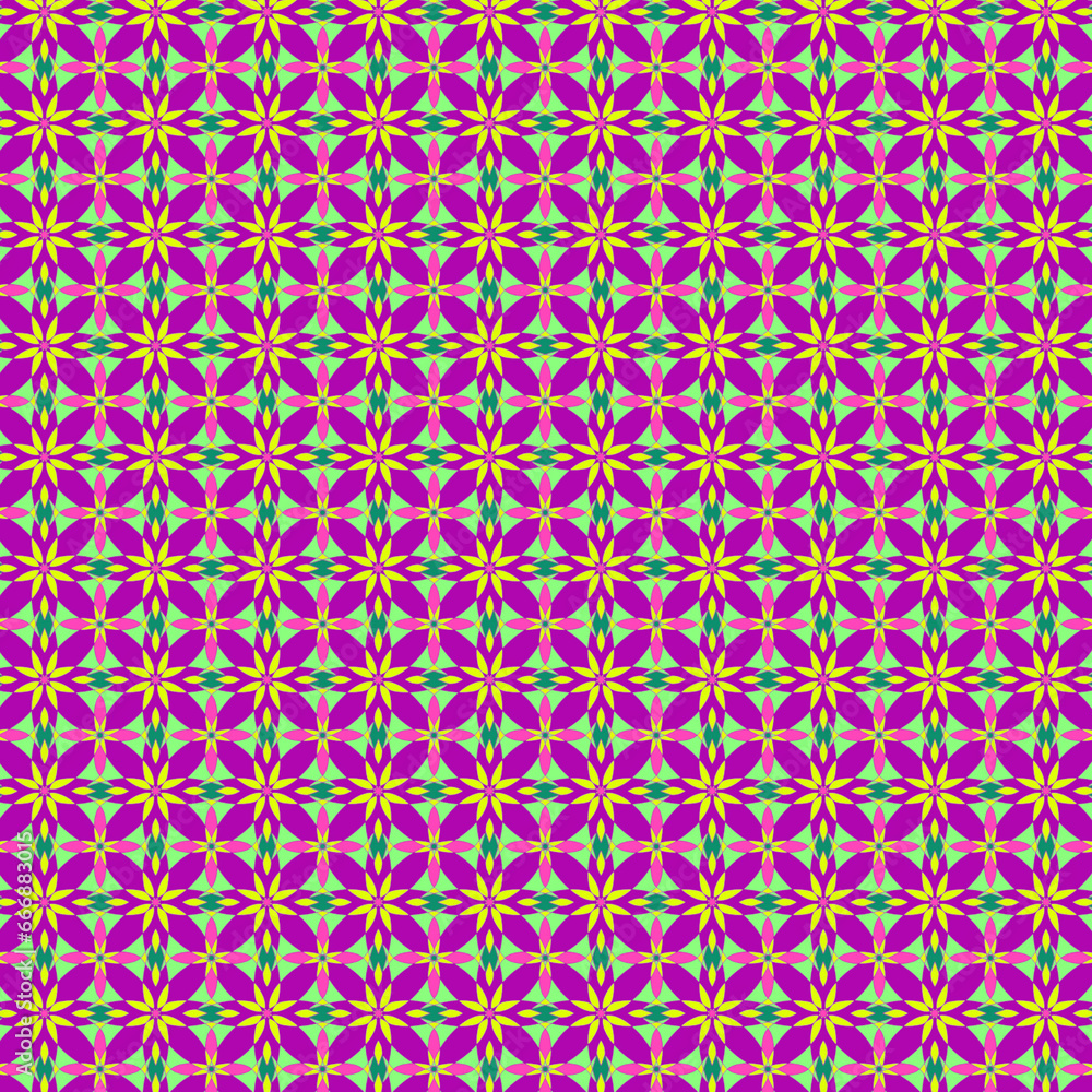 Abstract geometric floral mosaic fabric pattern Vibrant pink, yellow, purple, magenta green motifs