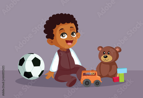 Cute Little Toddler Sitting Next to his Toys Vector Cartoon illustration. Funny boy enjoying playing independently 

