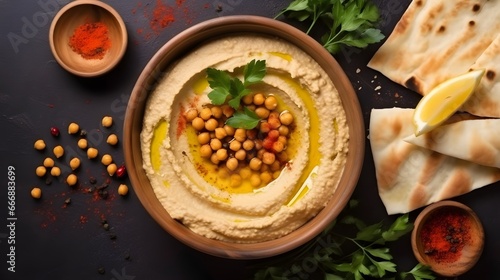 chickpeas hummus with olive oil and smoked paprika, selective focus