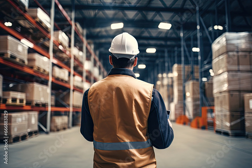 Back view of a worker with smartphone at warehouse