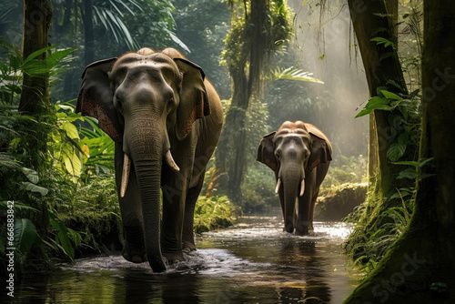 Elephants are walking along the river in the rainforest