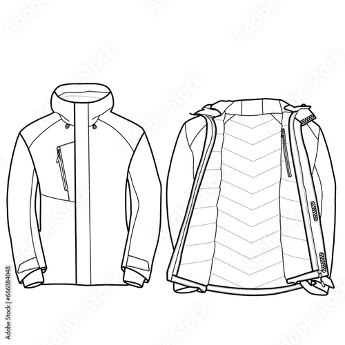 Men's waterproof jacket technical fashion vector illustration drawing template, pocket, front CAD mockup