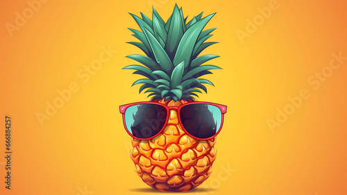 Hand drawn cartoon pineapple illustration wearing sunglasses
 photo