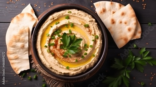 Classic Hummus with chickpeas, paprika, olive oil and oriental spices. Mediterranean popular snack of chickpeas and tahini pasta. View from above. Flat lay.