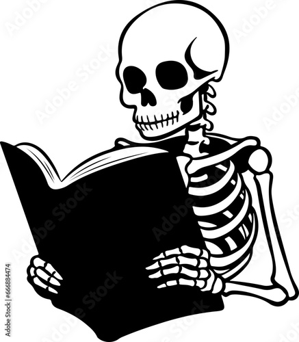 Skeleton human reading book. Vector halloween black skeleton isolated on white