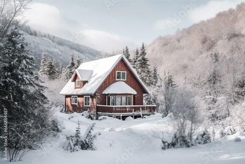 A landscape blanketed in snow with a cozy cabin. Generative AI © Safi